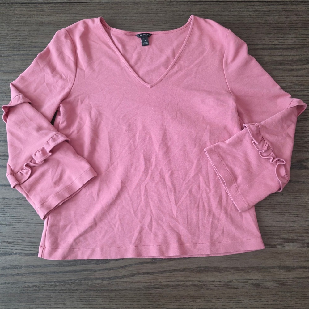 Ann Taylor Pink V-Neck Ruffle Tiered Sleeve Knit Top Medium 201-459040
